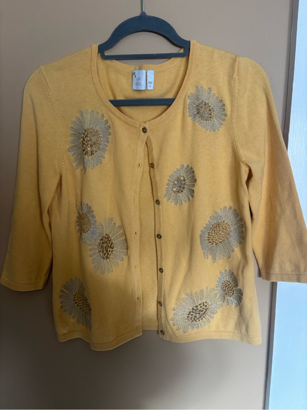 J. Jill Yellow Floral Embroidered Sunflower‎ Button-Down Cardigan Sweater Size S